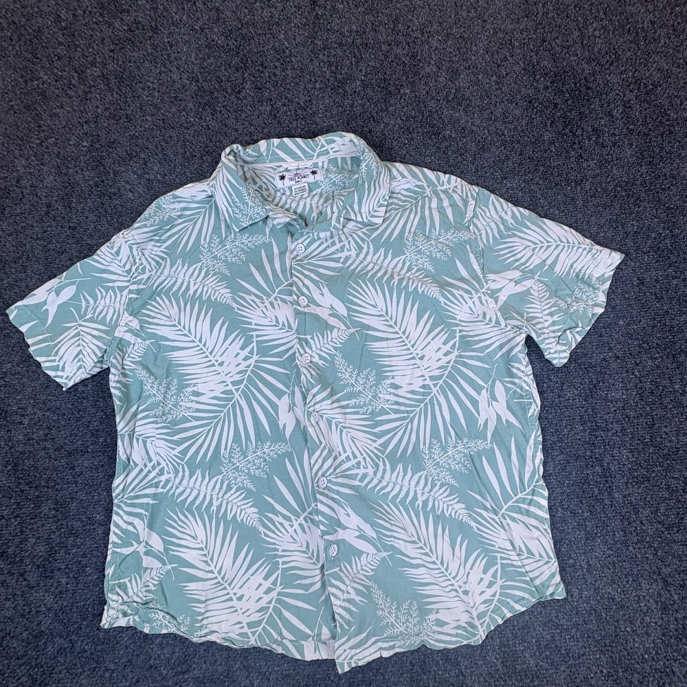 Free Planet Shirt Mens S Blue White Stretch Palm Tree Beach Tropical Button Up